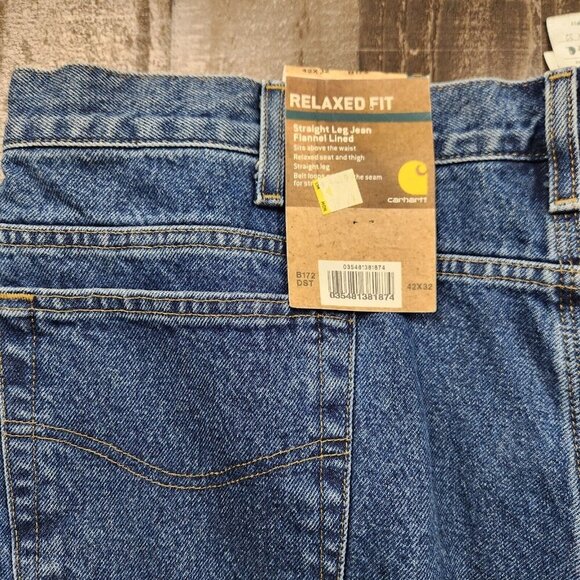 Mens Carhartt size 42x32 Flannel Lined Relaxed Fit Straight Leg Mid Rise Jeans - Picture 3 of 10